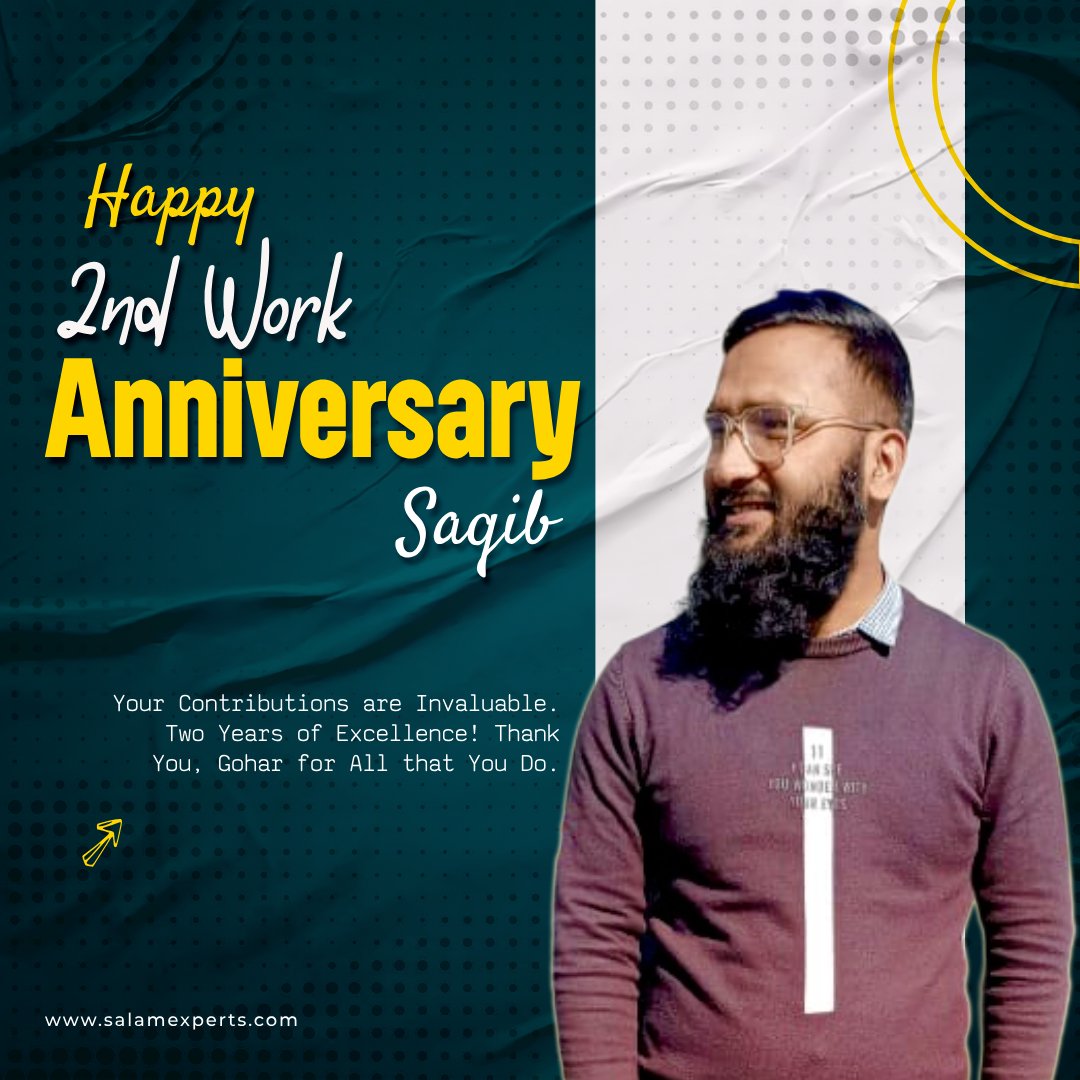 SalamExperts's tweet photo. We're incredibly fortunate to have Saqib on our team. Your positive attitude and willingness to go the extra mile inspire us all.

#workanniversary #HardWorkPaysOff #Salamexperts #Sialkot #digitalmarketing https://t.co/5rOvyfFSQa