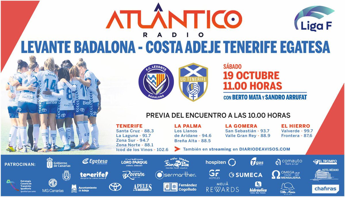 🚨¡𝗠𝗔𝗧𝗖𝗛 𝗗𝗔𝗬!🚨

⚽️ @levantebadalona - @UDCATenerife 

🏟️ Badalona 
⏰ 11:00h (10:00 en directo)
🗓️ Jornada 7, <a href="/LigaF_oficial/">Liga F</a> 

🎙️ <a href="/mata_berto/">Berto Mata</a>  
🎙️ <a href="/sandroarrufat/">Sandro Arrufat</a> 
🗣️ @javidelgado1977  
 
📻<a href="/atlantico_radio/">Atlántico Radio</a> 
📲 APP y TDT
💻 diariodeavisos.com 
📩 651 37 37 37