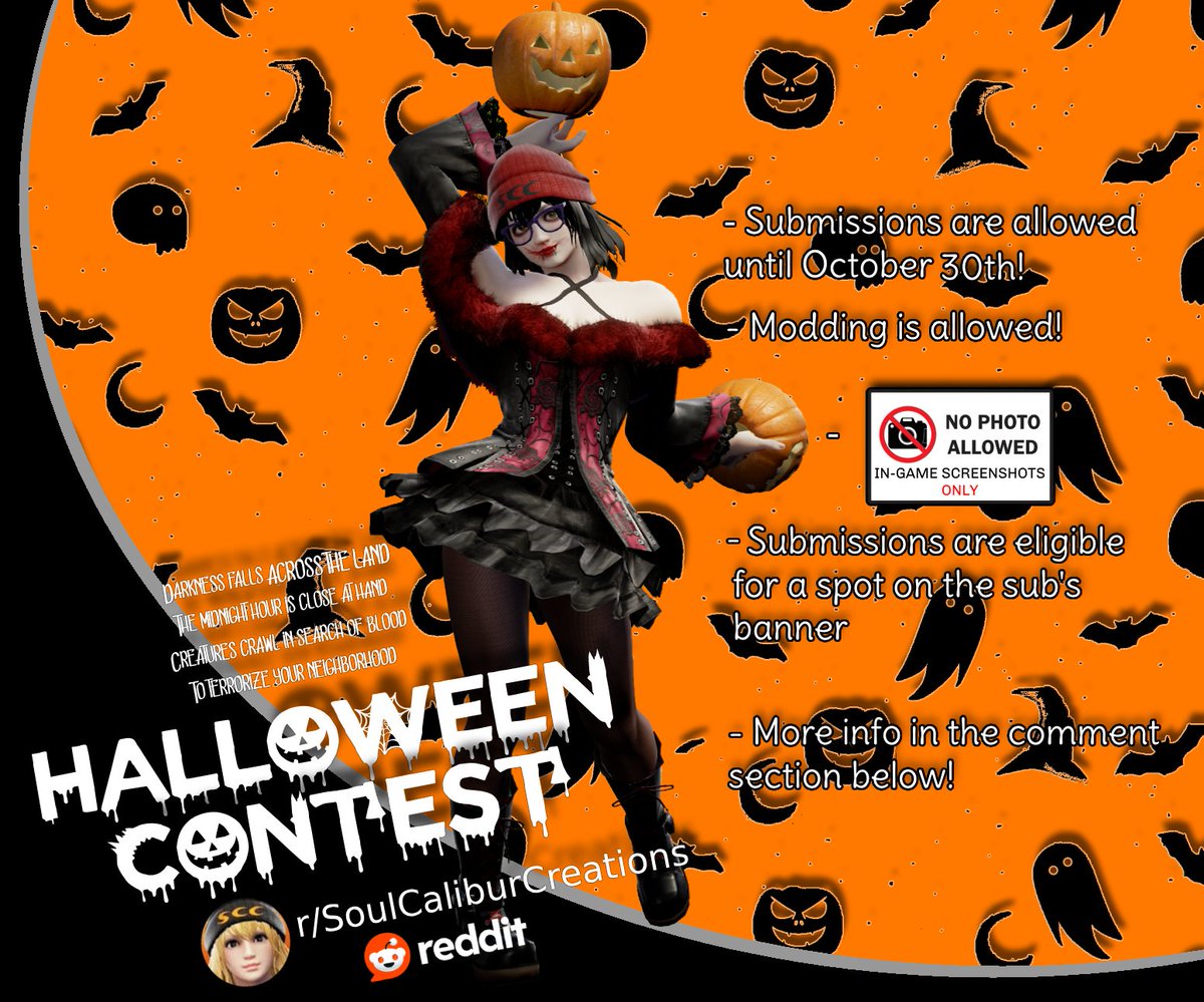 HALLOWEEN CONTEST!
Dear SoulCalibur CaS creators!
There is a new contest on r/SoulCaliburCreations on reddit!

More info and rules:
reddit.com/r/SoulCaliburC…

Feel free to share your spooky creations there! :)

#SoulcaliburVI #ソウルキャリバー6 #createasoul #soulcalibur #キャラクリ