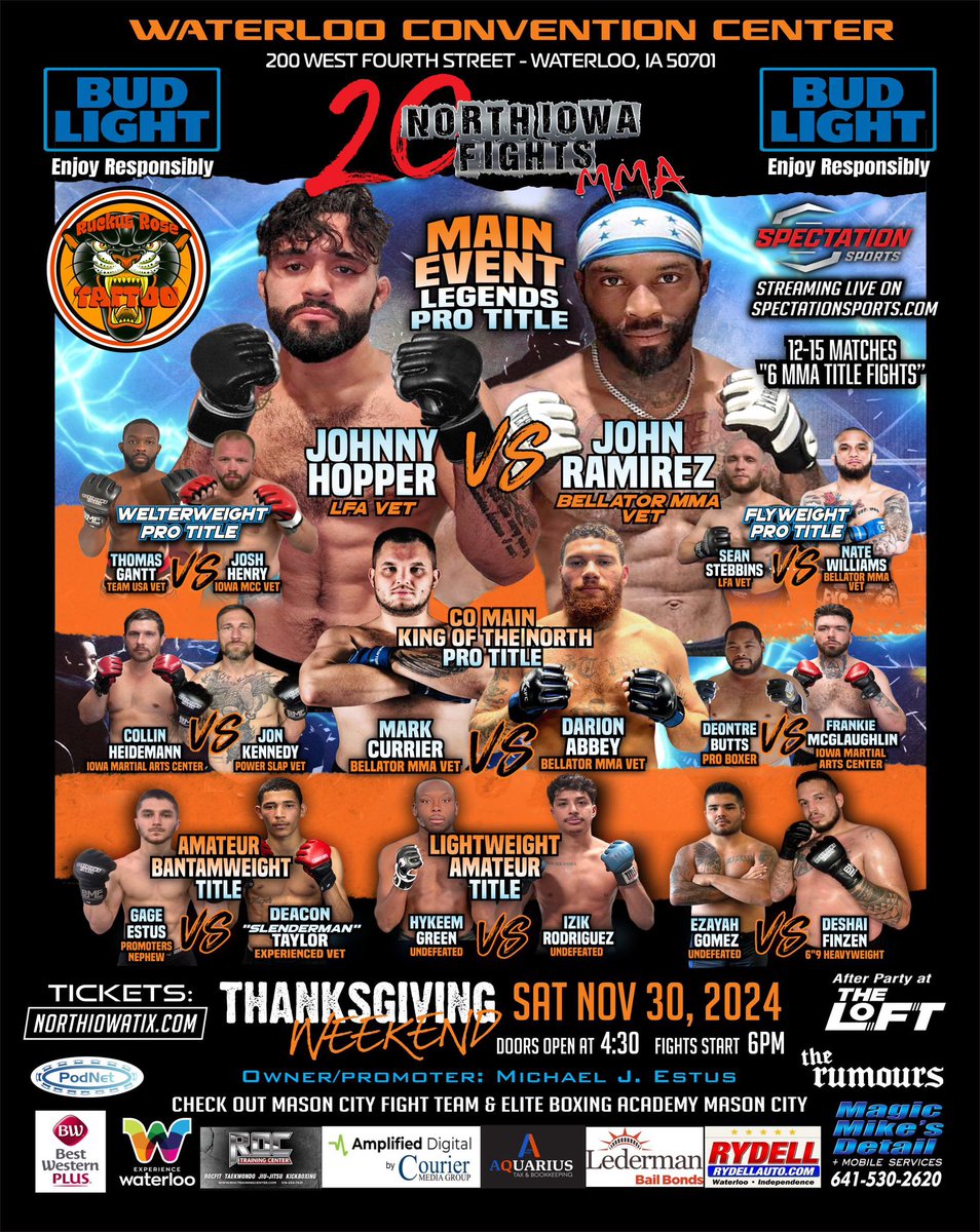 FightsIowa's tweet photo. 🚨 Fight fans, get ready! 🚨 Join us on **November 30th** at the **Waterloo Convention Center** for **Show #20**! 🥊🔥
⚔️ 12-15 thrilling fights 
🏆 6 championship title https://t.co/MG484wfi6w
Let’s make it a night to remember! 💪 #FightNight #ChampionshipFights #WaterlooFights https://t.co/slO2ztjZIs