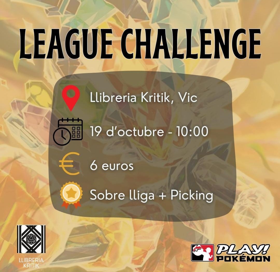 Bon dia! Primer dissabte amb, ara si, tot a lloc. I bastant carregat!

10h lliga oberta de #MTG #Pioneer
10'30h Lliga oberta de #OnePieceTCG
10'30h #LeagueChallenge de #PokemonTCG
16'30h #rolencatalà 
17h partides lliures de TCGs