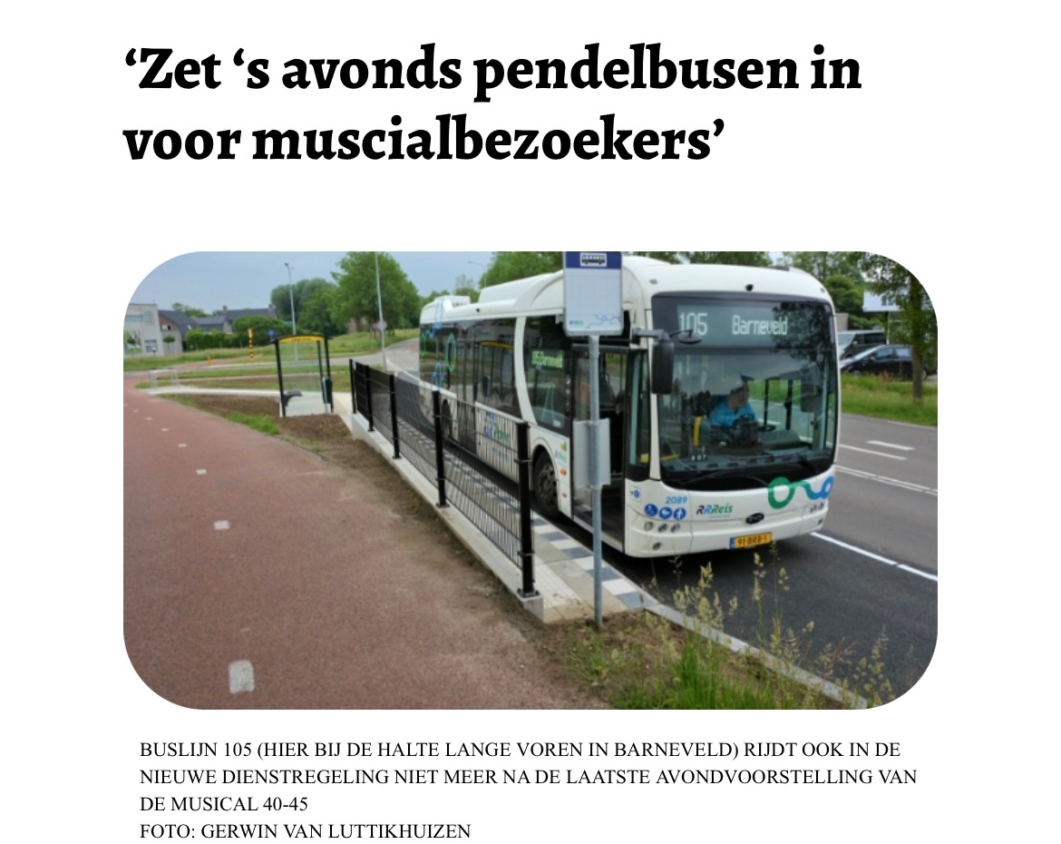 ‘Zet ‘s avonds pendelbusen in voor muscialbezoekers’ 🚍. Lokaal Belang wil dat gemeente onderzoekt of pendelbussen kunnen worden ingezet om bezoekers v musical 40-45 s’avonds naar station Barneveld centrum te brengen.#gastvrijheid #pendelbussen #musical barneveldsekrant.nl/lokaal/verkeer…