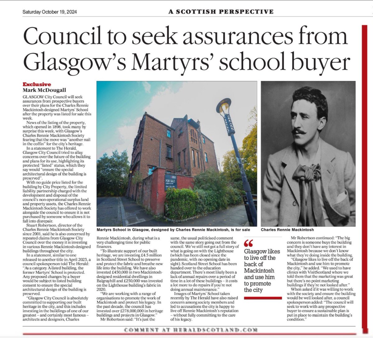 Stuart Robertson 🏴 🇺🇦 (@crmsociety) on Twitter photo News reports on Martyrs’ School <a href="/heraldscotland/">The Herald</a>
The Mackintosh legacy is small, fragile and precious, and action is needed to ensure this is protected. So it is imperative that this internationally important heritage continues to receive the attention it deserves.
@SAVEBrit News reports on Martyrs’ School <a href="/heraldscotland/">The Herald</a>
The Mackintosh legacy is small, fragile and precious, and action is needed to ensure this is protected. So it is imperative that this internationally important heritage continues to receive the attention it deserves.
@SAVEBrit