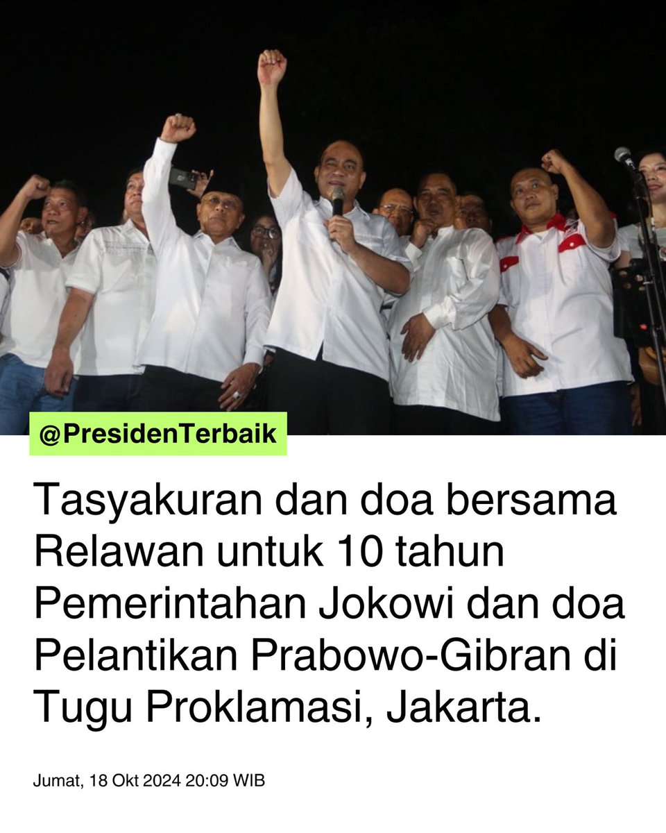 sandra_hut's tweet photo. Tasyakuran dan Doa Bersama relawan untuk 10 tahun pemerintahan Pak Jokowi  dan doa pelantikan Prabowo Gibran di Tugu  Proklamasi. 

#TerimakasihJokowi
#keLIAtan Abidzar Abu Janda Indah G
#HebohBanget Erina PIMNAS Bocah
Bu Retno https://t.co/J5jLBZViyi
