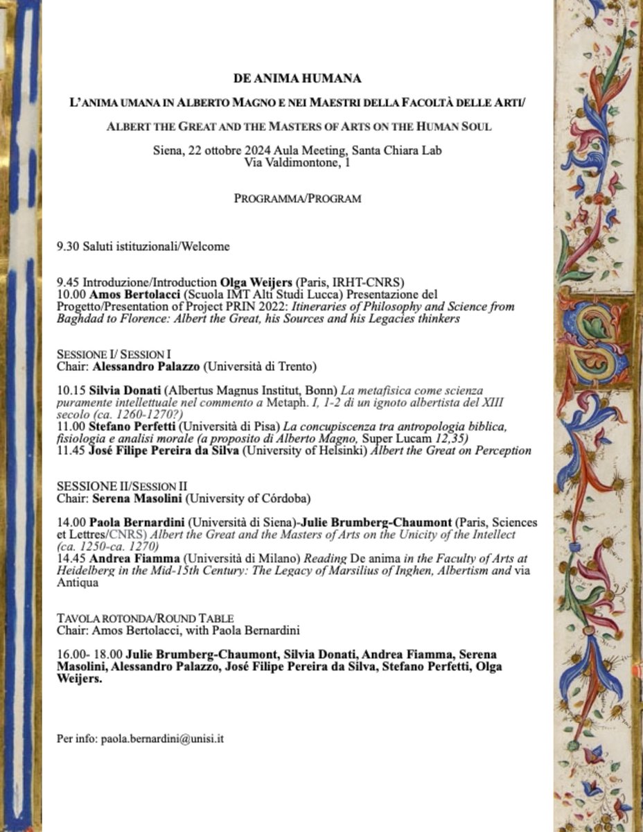Philosophy on the Border of Civilizations (@phiborunit) on Twitter photo Do not miss the next appointment for scholars of medieval thought, with the conference “De anima humana. Albert the Great and the Masters of Arts on the Human Soul”, org. by Paola Bernardini (<a href="/unisiena/">Università di Siena</a>) as part of our PRIN project “Itineraries of Philosophy”. It’s on Oct 22nd! Do not miss the next appointment for scholars of medieval thought, with the conference “De anima humana. Albert the Great and the Masters of Arts on the Human Soul”, org. by Paola Bernardini (<a href="/unisiena/">Università di Siena</a>) as part of our PRIN project “Itineraries of Philosophy”. It’s on Oct 22nd!