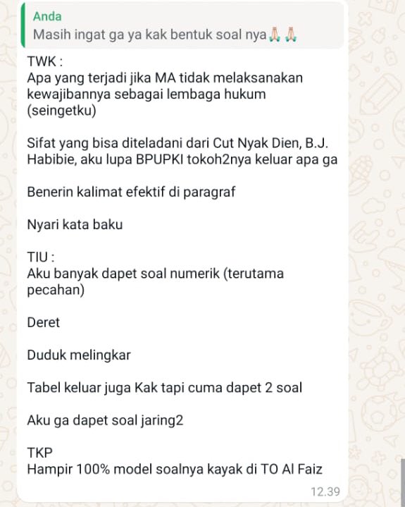 xhansoxee's tweet image. FR SKD CPNS 2024🪭
(Untuk referensi Belajar, Jangan dijadikan patokan ya! Karena bank soal BKN banyak😻)     

Yang mau TO di skd.privatalfaiz.id bisa pakai kode promo LOLOSCPNS yaa jadi 28k/3 TO Goodluck guys! ⸜(｡˃ ᵕ ˂ )⸝♡