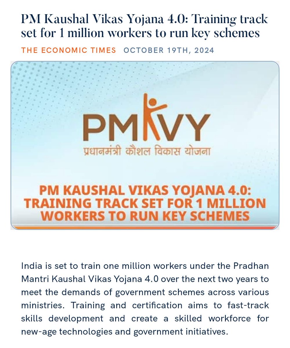 PM Kaushal Vikas Yojana 4.0: Training track set for 1 million workers to run key schemes
economictimes.indiatimes.com/news/economy/p… 

via NaMo App