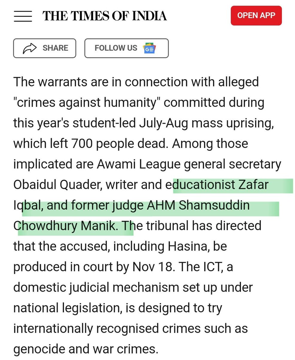 bdwatch2024's tweet photo. The arrest warrants issued by the Int'l Crimes Tribunal, #Bangladesh against 46 people, incl. the former PM, are quite indicative of the process's primary objective: political retribution against people of a certain political ideology. Justice is secondary, if at all. Here's why:

One of the warrants is for retired Professor Dr. Md. Zafar Iqbal, a renowned academic and a popular science fiction writer. His crime? He publicly denounced a slogan used by the Students Against Discrimination (SAD) Movement. That's all. The Chief Prosecutor claims this amounted to "instigation". 

Another warrant is for retired judge of the Supreme Court Shamsuddin Chowdhury Manik. His crime? He commented, on a TV talk-show, that in certain situations police are entitled to use deadly force. That's it. Presumably, this is being treated as instigation too by the ICT-BD prosecution. 

As would be clear to anyone with even basic legal knowledge, there is little to no legal ground for implicating these two persons for "instigation" of alleged killings of students and other protesters. Then why? 

Both these figures are extremely disliked by the SAD Movement. It is safe to assume their inclusion is to placate SAD-linked students, who have on multiple occasions, demonstrated their "mob-power" over judicial processes.

There is also the #JamaatEIslami factor. Dr. Zafar Iqbal had been a staunch supporter of prosecuting the int'l crimes committed during the 1971 Liberation War, while Justice Manik himself presided over appeals of those convicted of such crimes. 

Shocking and wrong as they are, the warrants for Professor Iqbal and Justice Manik, and their inclusion in ICT-BD cases, were therefore, not surprising.

A few days ago, Masud Sayeedi, a #JamaatEIslami leader and son of convicted war criminal Delwar Hossain Sayeedi, taunted publicly that "The tribunal is ready. We will play our game now". Presumably, he was referring to Jamaat's planned revenege for the convictions of their senior leaders for genocide and crimes against humanity. 

With the Chief Prosecutor Tajul Islam himself being a former Jamaat activist and the former chief defence counsel for Jamaat leaders, fairness was always in doubt. 

Other accused in cases filed with the tribunal for July-Aug violence also lends credence to this theory, including @ImranHSarker and Shahriar Kabir, both considered staunch supporters of the process to ensure accountability for the crimes of 1971 and vocal secular activists, standing in direct opposition to the interests and politics of #JamaatEIslami.

As stated several times before by this platform, it is imperative to ensure accountability and justice for the crimes committed during the July-August unrest against all sides by all sides. But that cannot be achieved by a flawed process, overseen by motivated actors, and acting with political objectives. 

#BangladeshCrisis @amnesty #AllEyesOnBangladesh @hrw @EURightsAgency @JosepBorrellF @TheJusticeDept @StateDept_GCJ @DRL_AS @Kai_Schultz @CNN @bpolitics @VOABANGLA @AP @bbcbangla @Sabir59 @AFP @Chellaney @paulocasaca1 @ReutersAsia @AJEnglish @MujMash @HannahEP @yogital @SamiraHussain15 @schipperlena @anbarasanethi @ReutersRuma @IBAHRI @humanrights @ABC @SRjudgeslawyers @BBCWorld @UN_SPExperts @MaryLawlorhrds @meghnabali @SSabihaAlam @dwnews @arafatul @Natsecjeff @StateDeptSpox @ashoswai @TheDavidBergman @HRF