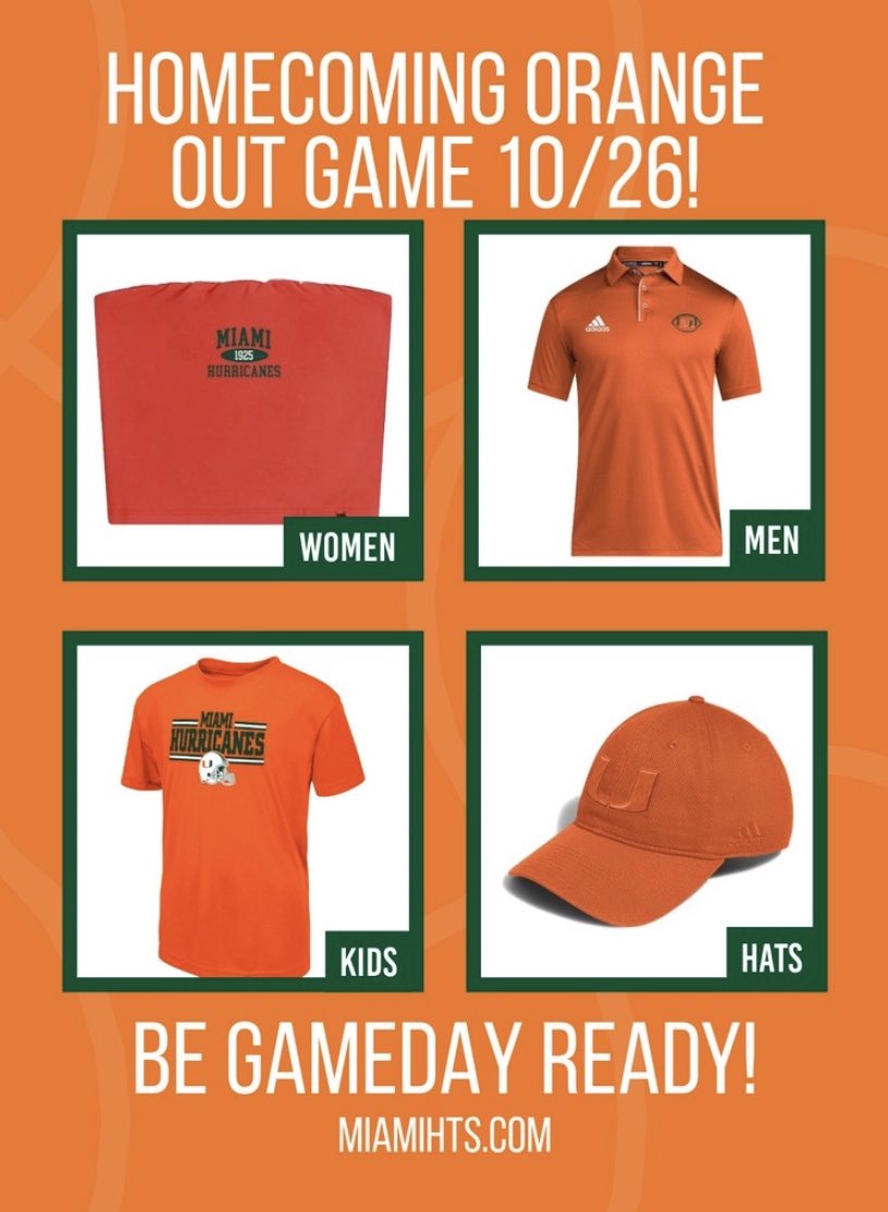 Miami vs. FSU Homecoming is just around the corner! Time to Orange Out the stadium 🟧🏈 Order your gear now from @MiamiHTS to get it in time MiamiHTS.com/collections/or…