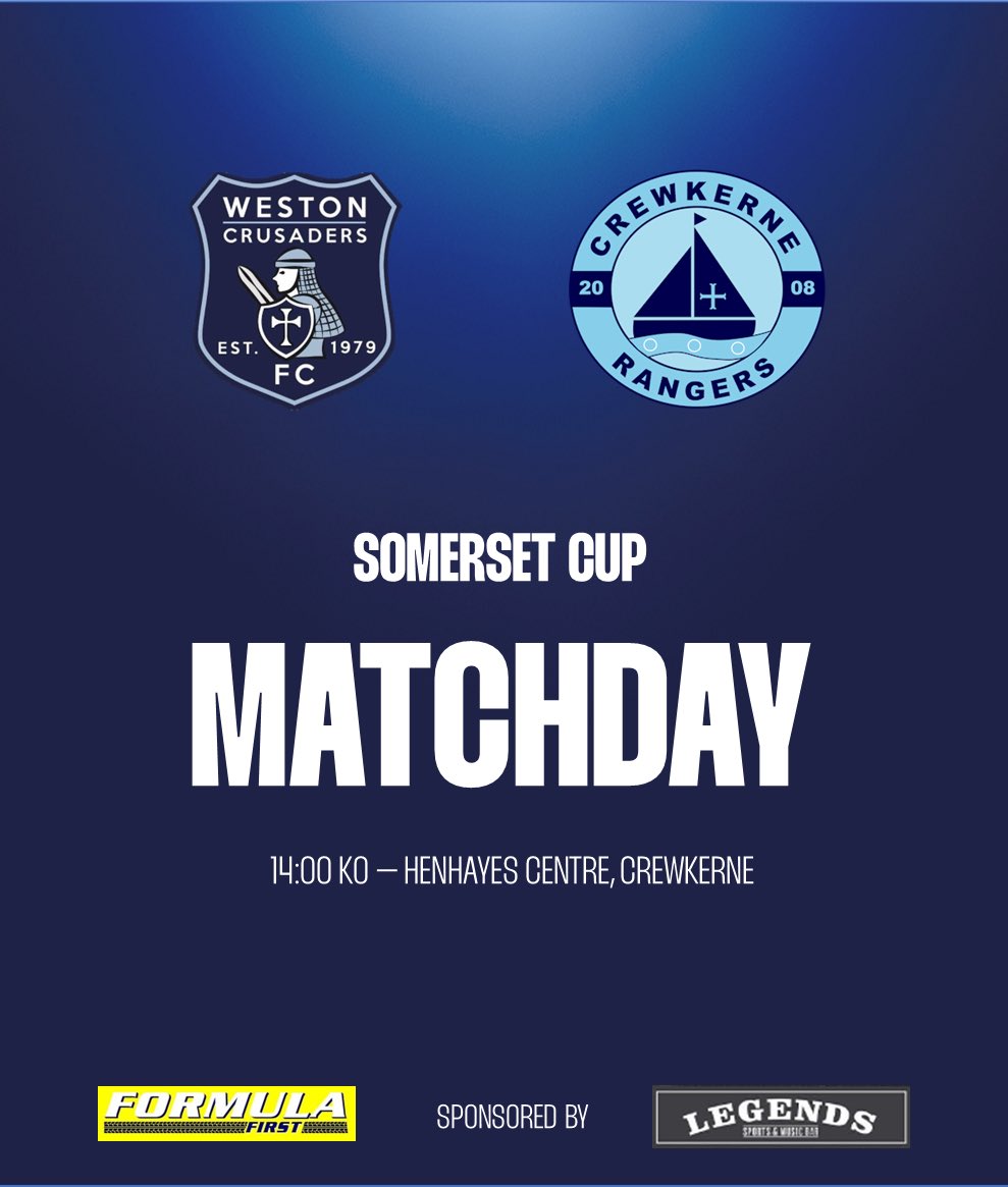 Weston Crusaders FC (@crusadersfc1979) on Twitter photo Today we travel to South Somerset for a tough 1st round Somerset Cup fixture <a href="/CrewkRangersFC/">Crewkerne Rangers FC</a>
🆚 Crewkerne Rangers 1sts
🏆Somerset Cup
📍Henhayes Centre
⏱️2:00pm Kick Off
#UTC Today we travel to South Somerset for a tough 1st round Somerset Cup fixture <a href="/CrewkRangersFC/">Crewkerne Rangers FC</a>
🆚 Crewkerne Rangers 1sts
🏆Somerset Cup
📍Henhayes Centre
⏱️2:00pm Kick Off
#UTC