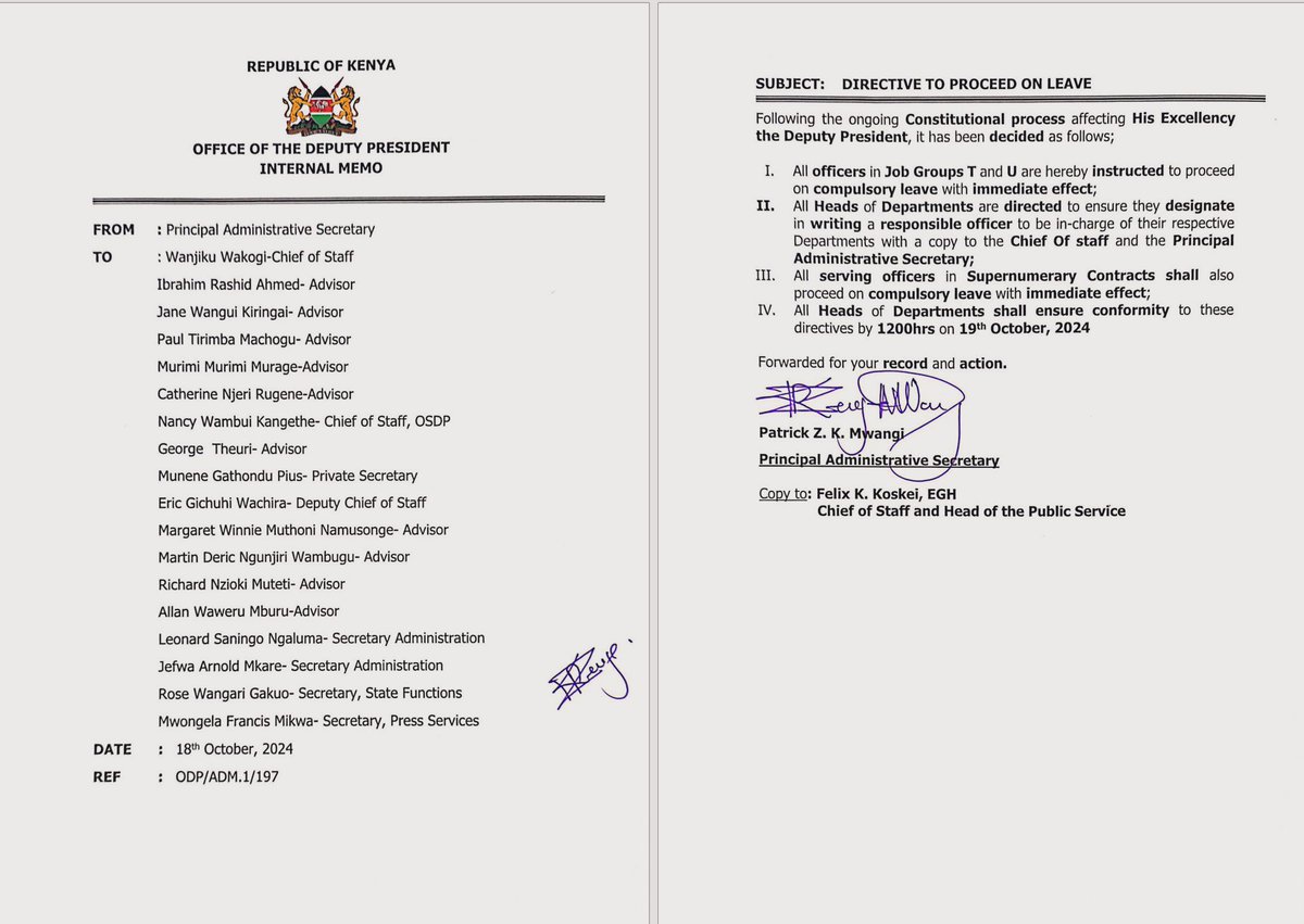 Asmali77's tweet photo. When it rains, it pours…

108 senior officers and advisors in the Deputy President's office have been instructed to proceed on compulsory leave with immediate effect. 

List includes Rigathi Gachagua's Special advisor Njeri Rugene and Chief of Staff Elizabeth Wakogi https://t.co/jyQUQUk9UF
