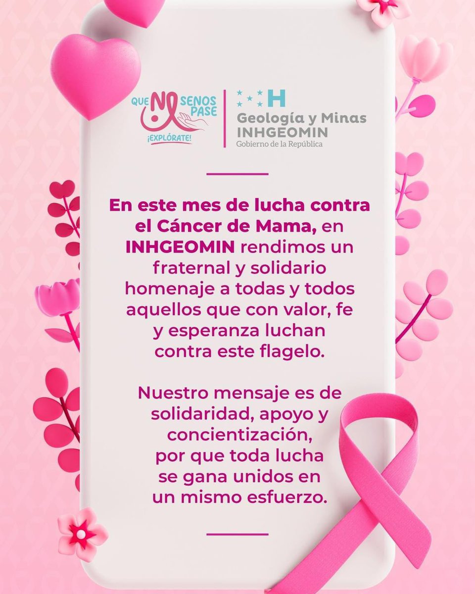 Hoy es un día de reflexión, es un día de solidaridad y de unidad entre cada mujer y hombre de nuestra patria en la lucha contra el cáncer de mama. ¡Prevenir es vivir!  #somosinhgeomin #prevencioncancerdemama #minería #funhocamhn🎀 #honduras #inhgeomin