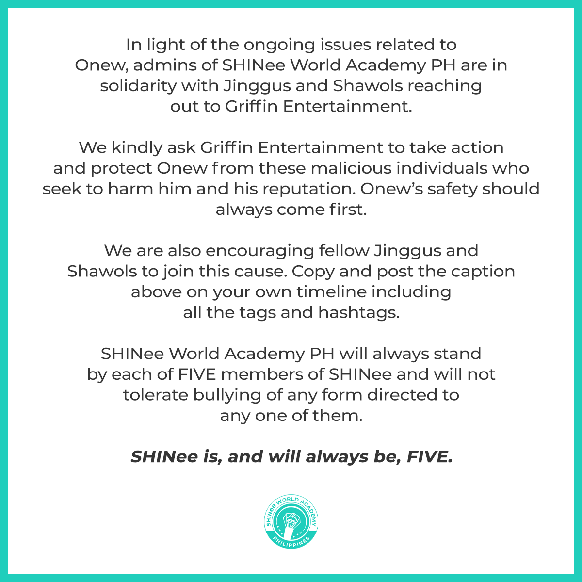 shawolacademyph's tweet photo. 그리핀 엔터테인먼트, 저희는 귀사의 아티스트에 대한 온라인상의 위협과 허위정보에 대해 법적 조치를 취해주시기를 간곡히 부탁드립니다. 이러한 행위를 중단시키기 위해 법적 조치를 취하는 것이 올바른 일이라고 믿습니다. 부탁드립니다.

#그리핀인데요
@griffinenter
@ONEW_GRIFFIN https://t.co/hkOA9AUPFk