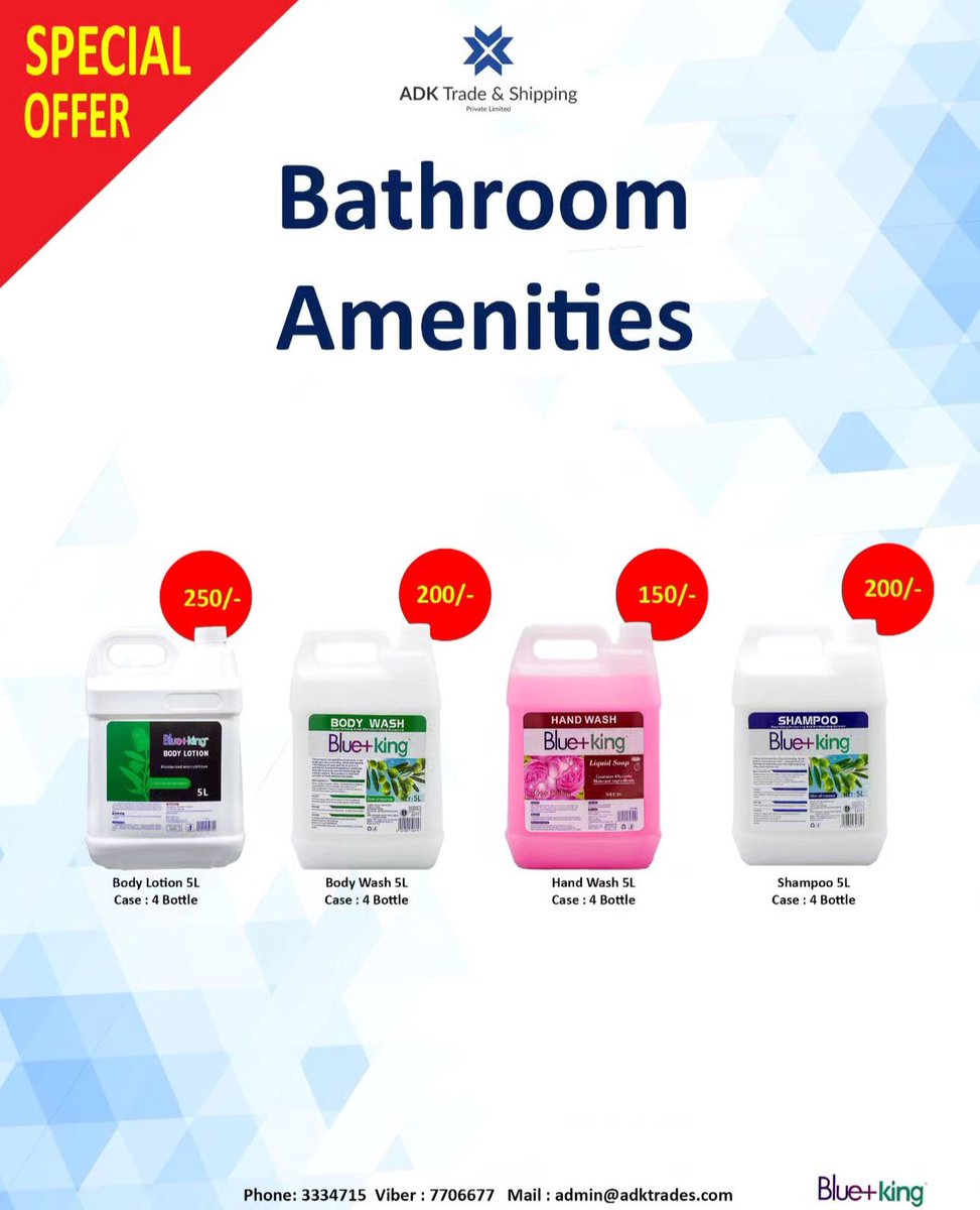 Bathroom Amenities 

Special offer 

Hand wash 5L
Body lotion 5L
Body wash 5L
Shampoo 5L