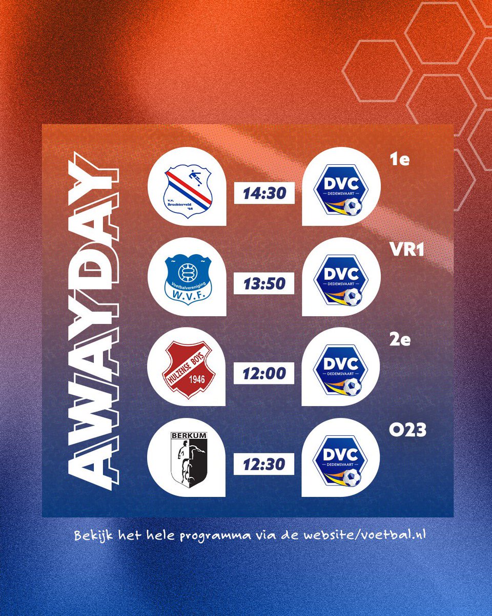 𝗠𝗔𝗧𝗖𝗛𝗗𝗔𝗬!
⚽️ <a href="/vvBruchterveld/">v.v. Bruchterveld</a> - DVC Dedemsvaart 
🏟 Sportpark Noppenweide, Bruchterveld
🕝 14:30
📱 #4Doost #brudvc #hupééntwee #DVC