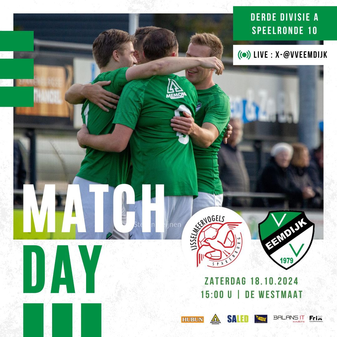 VVEemdijk's tweet photo. MATCHDAY ⚽️ | Vandaag niet zomaar een wedstrijd, maar de derby tegen @VVIJV. Wat een affiche! 🔥

Voor de derde keer in de historie treffen IJsselmeervogels en Eemdijk elkaar in een competitieduel. Vorig seizoen eindigde het op De Westmaat in 2-2. Op De Vinken won Eemdijk met 2-0.

Wat wordt het vandaag volgens jullie?

De aftrap is om 15.00 uur. Tot vanmiddag! 💚 #ijseem