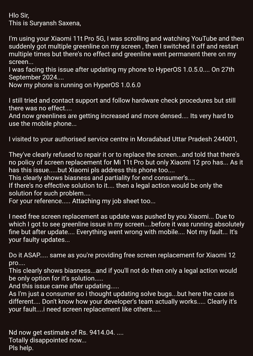 Suryans0417's tweet photo. Xiaomi has played well here by pushing cheap updates due to which I'm facing greenline issue on my display.
@MiIndiaSupport @XiaomiHyperOS_ @ShokeenSanchit...
Now giving me estimate of Rs.9414.
True Biasness..👏👏
I think it's a curse to be a Xiaomi user... https://t.co/IfzDIkoB5n
