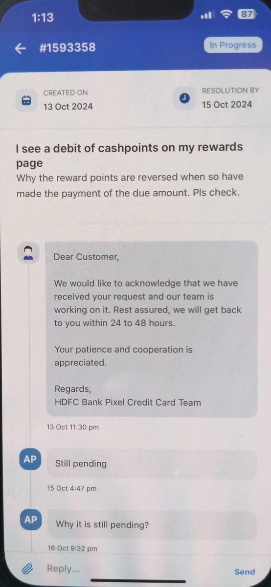 vickyabhi007's tweet photo. @HDFCBank_Cares @HDFC_Bank  Have raised a query which is yet not addressed. HDFC has developed online queries resolution but forgets to attain on the given timeline. @RBI https://t.co/sKgU6RQvLe