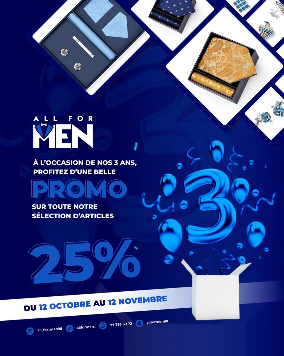 Allformen98's tweet photo. 🎉✨ 3 ans déjà ! ✨🎉
À l’occasion de cet anniversaire spécial, All For Men vous offre une remise exceptionnelle de 25% sur toute notre sélection d’articles ! https://t.co/gH0A1GQ8EQ