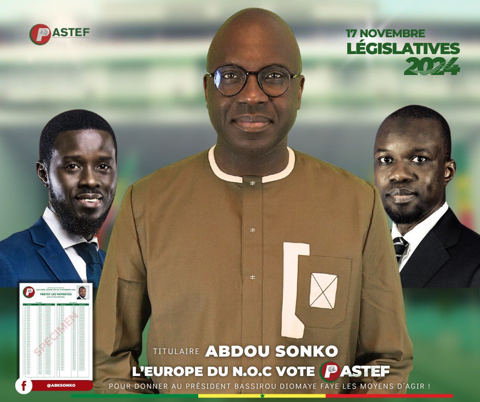 PastefFrance's tweet photo. Abdoul Kadyr Sonko (France) Fatou Diop Cissé (France) Samba Diouf (Belgique)

Ces candidat·e·s, au service du peuple, sont porteurs de valeurs de justice sociale, de souveraineté et d'avenir. 

Ensemble, ils incarneront le renouveau démocratique et défendront une véritable politique de progrès à l'Assemblée nationale. #Élections2024 #VotezPastef #Diaspora 
@MONCAP_PASTEF