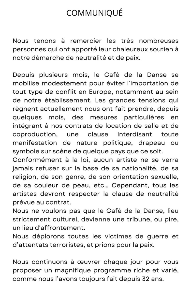Le Café de la Danse en remet une couche dans un nouveau communiqué où il rappelle sa "démarche de neutralité et de paix". Cette salle se redéfinit comme "un lieu strictement culturel". Continuons de boycotter cet endroit à l'appel de Flèche Love. 
#FreePalestine