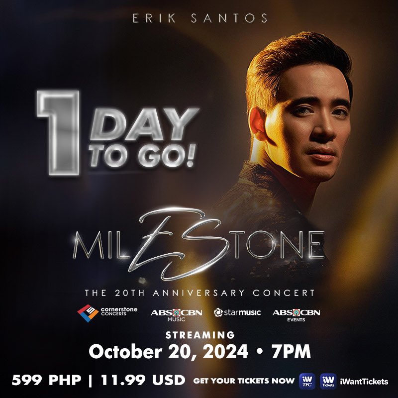 StarMusicPH's tweet photo. 1 DAY TO GO!

Become part of the milestone wherever you are in the world by watching the country's one and only Pop Ballad Royalty @realeriksantos on this special stage!

Erik Santos
MilEStone
The 20th Anniversary Concert

Streaming WORLDWIDE on iWant TFC this October 20, 2024, 7PM 🎥

🎟 GET YOUR TICKETS HERE:
🔗 iWantTFC: https://t.co/pdeo0qaVtl
🔗 iWantTickets: https://t.co/MpxI2y7wyK

#ErikSantos #CornerstoneConcerts #StarMusicPH