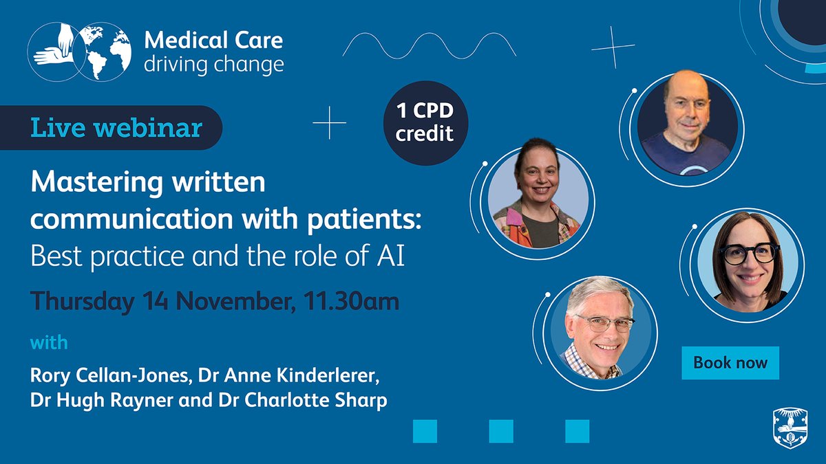 Royal College of Physicians (@rcphysicians) on Twitter photo Join Medical Care for an interactive webinar with <a href="/ruskin147/">Rory Cellan-Jones</a>, Dr <a href="/AKinderlerer/">Anne Kinderlerer</a>, Dr Hugh Rayner and Dr <a href="/sharpcharlotte/">Dr Charlotte Sharp</a>. They’ll explore current practices in patient communications, the future of written communications and the role of AI.
Book now: ow.ly/IvJj50TOomc Join Medical Care for an interactive webinar with <a href="/ruskin147/">Rory Cellan-Jones</a>, Dr <a href="/AKinderlerer/">Anne Kinderlerer</a>, Dr Hugh Rayner and Dr <a href="/sharpcharlotte/">Dr Charlotte Sharp</a>. They’ll explore current practices in patient communications, the future of written communications and the role of AI.
Book now: ow.ly/IvJj50TOomc