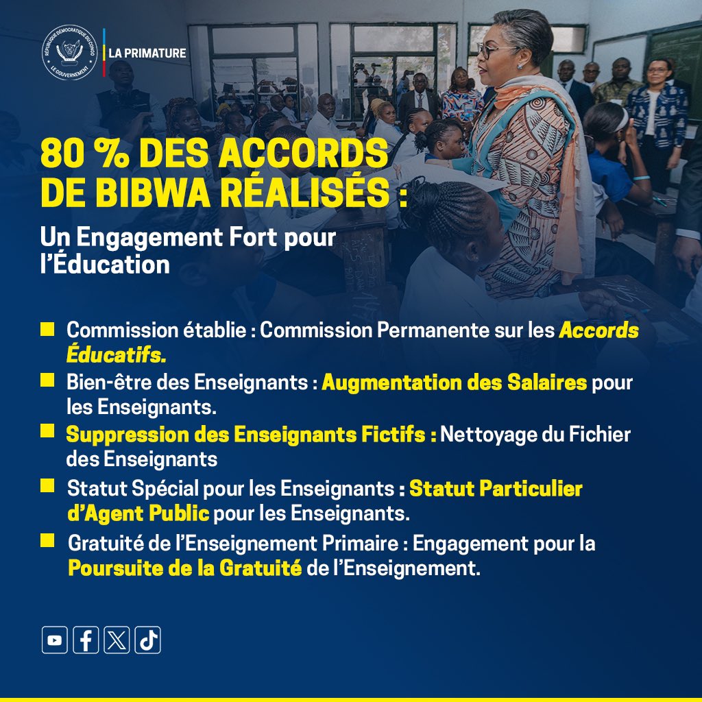 PrimatureRDC's tweet photo. #ÉducationNationale #Pilier4 
18 octobre 2024 | Le Gouvernement Suminwa a démontré son engagement à améliorer les conditions de vie des enseignants en exécutant 80% des accords de Bibwa en moins de deux mois. Cette avancée a été saluée par les organisations syndicales qui ont appelé à la levée du mouvement de grève.

En plus de cette réussite, une Commission permanente de suivi des accords a été mise en place pour s’assurer du respect des engagements pris entre le Gouvernement et le banc syndical. Le Gouvernement continue d’assainir le fichier des enseignants, en vue de mieux rémunérer les vrais professionnels de la craie.

La Ministre d’État, Raïssa Malu, a également plaidé auprès du Président de l’Assemblée nationale pour la prise en compte de la situation des enseignants dans le projet de loi de finances 2025. Les représentants des enseignants prendront également part aux travaux de la Commission Économique et Financière sur l’examen de ce projet.

Cet engagement du Gouvernement s’inscrit dans le cadre du quatrième pilier du Programme d’Actions, visant à améliorer la qualité de l’enseignement et les conditions de travail des enseignants à travers le pays.