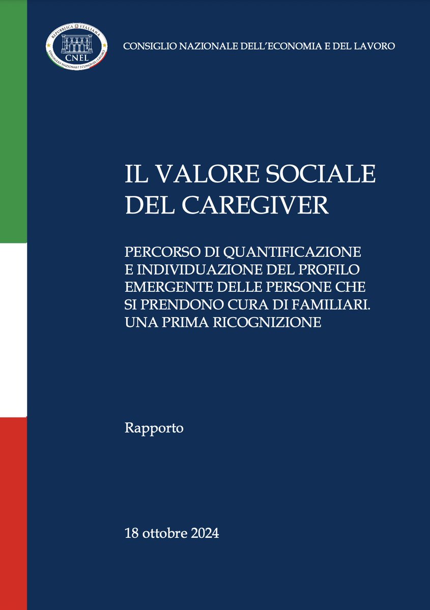 Chi sono, quanti sono e di quali tutele beneficiano i #caregiver familiari in Italia?
Al link che segue uno studio predisposto dal <a href="/Cnel_it/">Consiglio Nazionale dell'Economia e del Lavoro</a> per la <a href="/RegioneLazio/">Regione Lazio</a> a cura dei consiglieri Fiovo Bitti, Rossana Dettori, Vincenzo Falabella, Alessandro Geria e Domenico Pantaleo:
