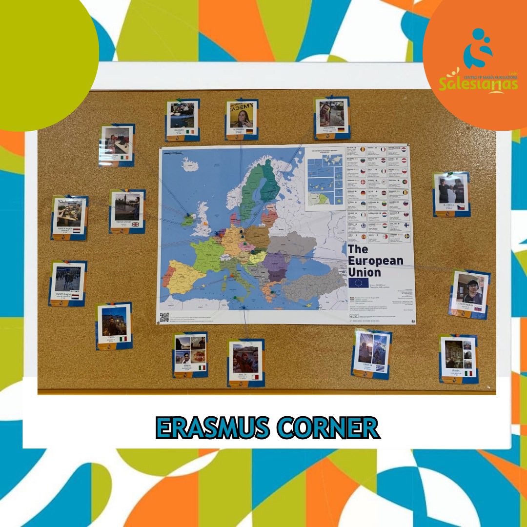 cma_leon's tweet photo. En nuestro centro disponemos de un #erasmuscorner con fotos de nuestros alumnos que han realizado #prácticas en empresas #europeas a través de diferentes programas #erasmusplus. En el #erasmuscorner tenéis también #información interesante https://t.co/drkCqN500Y