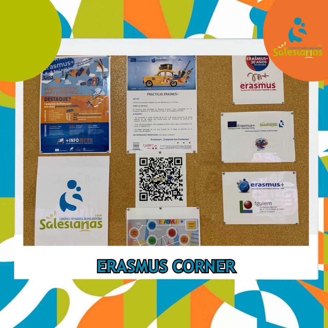 cma_leon's tweet photo. En nuestro centro disponemos de un #erasmuscorner con fotos de nuestros alumnos que han realizado #prácticas en empresas #europeas a través de diferentes programas #erasmusplus. En el #erasmuscorner tenéis también #información interesante https://t.co/drkCqN500Y