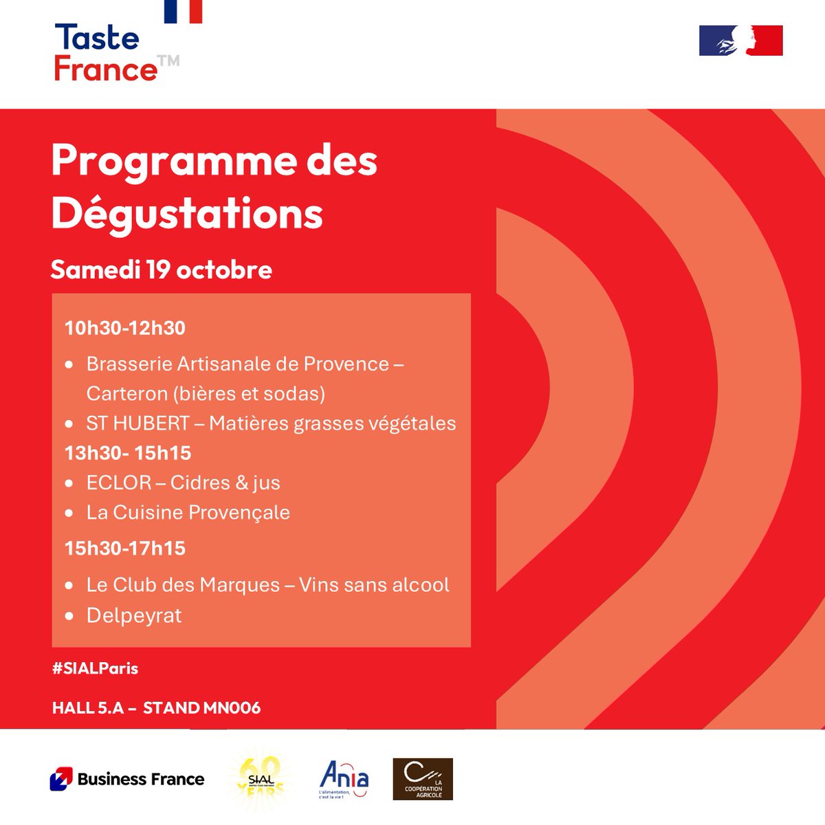 [#SIALParis] Jour 1 - dégustations sur le stand #TasteFrance - Hall 5A - MN-006
Nous vous attendons nombreux pour venir goûter #boissons #bières #cidres #jus #food 🍺🍹🍷🥘
#TasteFrance <a href="/ANIA_FRANCE/">ANIA</a> <a href="/lacoopagricole/">La Coopération Agricole</a> <a href="/businessfrance/">Business France</a> <a href="/Agri_gouv/">Ministère Agriculture et Souveraineté alimentaire</a>