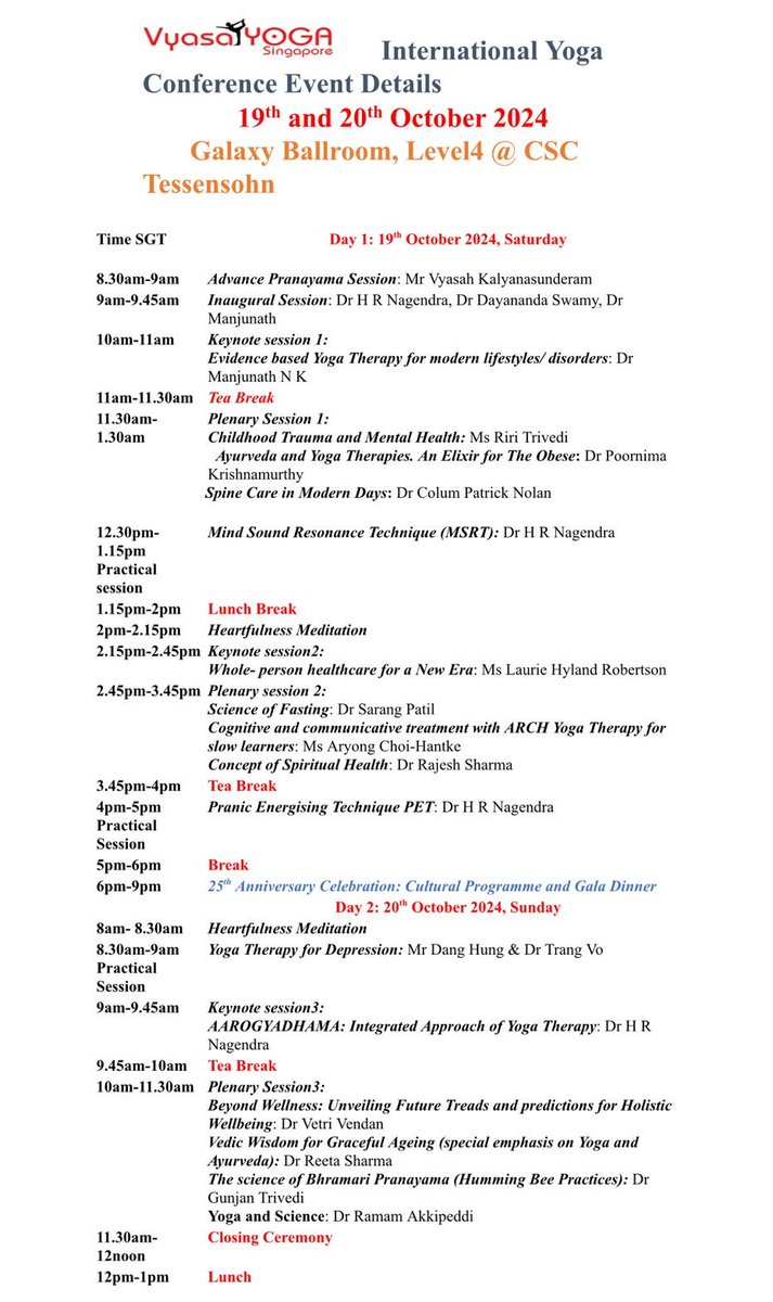 HRNagendra1's tweet photo. An enriching International #YogaConference hosted by VYASA Yoga Singapore on 19th & 20th Oct, 2024 at Tessensohn Club.
It would cover aspects like mind-body-soul #wellness #Mindfulness #SpiritualGrowth #HolisticHealth & cultural activities. Details in the attached itinerary. https://t.co/Uri06UF11c