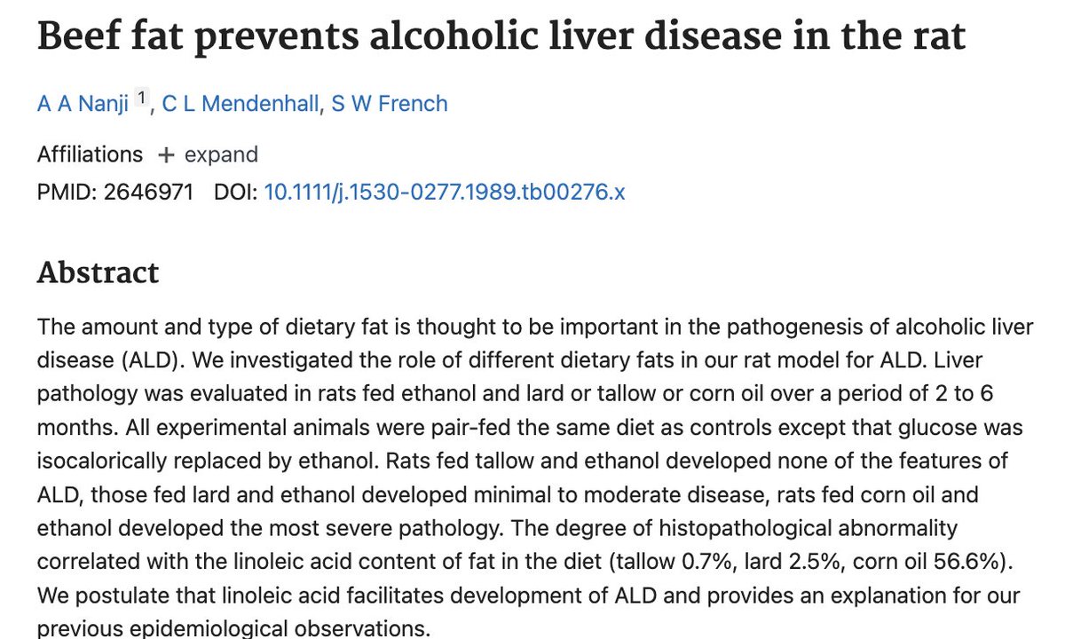 Beef tallow completely prevents alcoholic liver damage in rats

In studies, no matter how much alcohol they fed rats they couldn't cause liver damage so long as they kept feeding them tallow.

Eat lots of saturated fat when you drink