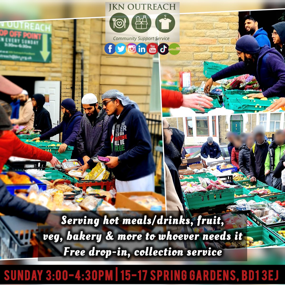 JknOutreach's tweet image. #FoodEssentials 👋 Help is available for anyone struggling regardless of background or circumstance. 🎯 Simply turn up &amp;amp; collect what you need

We serve hot meals/drinks, fruit, veg, bakery &amp;amp; more ▪︎ 🛍️ Please bring a bag

📣 Sunday 3:00-4:30pm | 15-17 Spring Gardens, BD1 3EJ