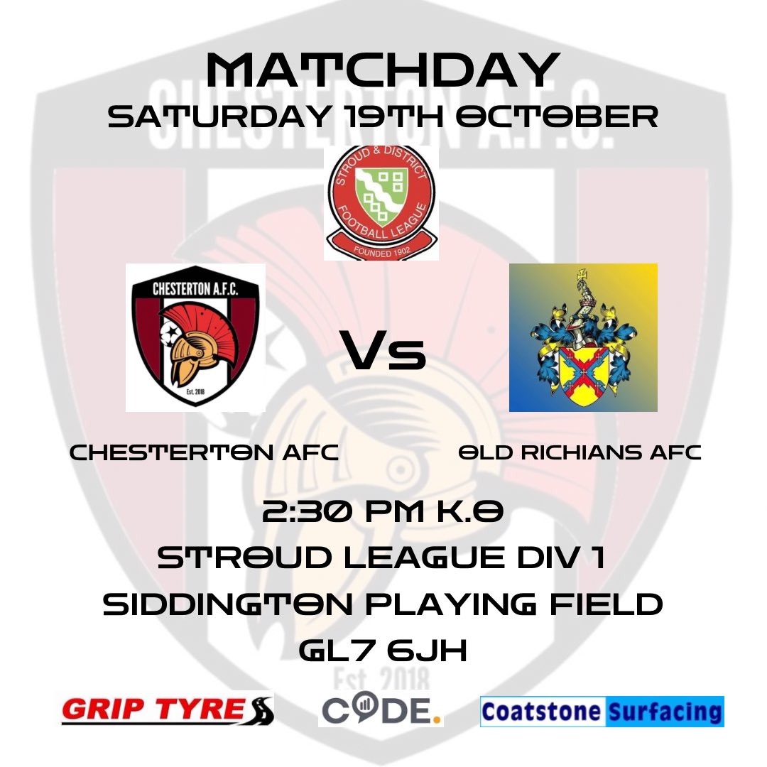 Back in action today as we host Old Richians 1sts.
Time to build on the win from our last league game and add to our points total. UTC!

#chestertonafc #chezzie #utc #football
