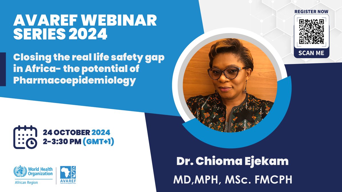WHOAFRO's tweet photo. Join us for the AVAREF webinar on 'Closing the real-life safety gap in Africa – the potential of Pharmacoepidemiology'.

🗓️ 24 October 2024
⏰ 2-3:30 PM (GMT+1)

📲 Scan the QR code to register or click here➡️: https://t.co/LC1A918Rli https://t.co/6OPRBhxgKw