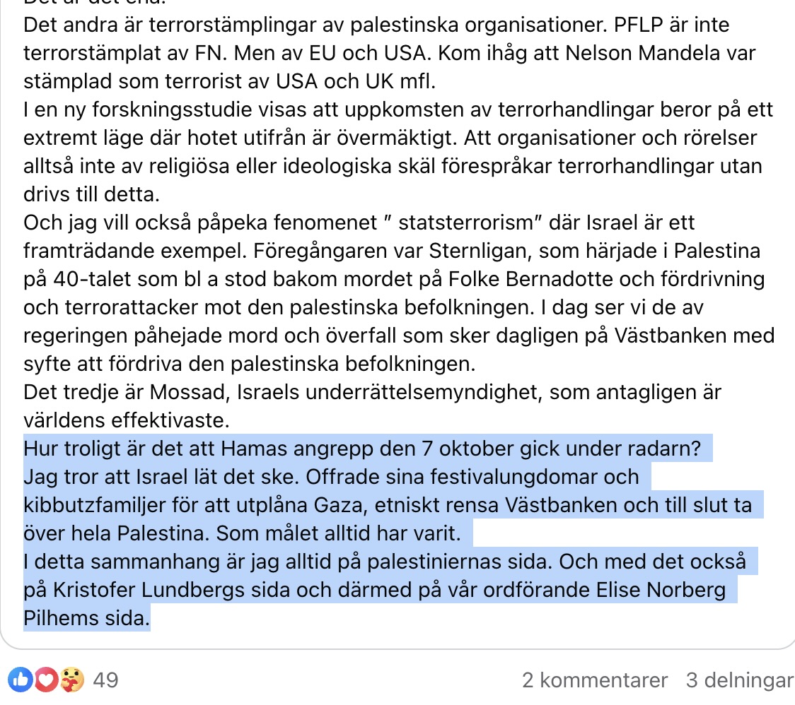 SofieLowenmark's tweet photo. Vänsterpartiet Orust ger sitt stöd till Kristofer Lundberg och uttalar sig om 7-oktoberattackerna: "Jag tror att Israel lät det ske. Offrade sina festivalungdomar och kibbutzfamiljer för att utplåna Gaza". 

Lundberg delar själv inlägget på FB. https://t.co/0vv9FVlcqi