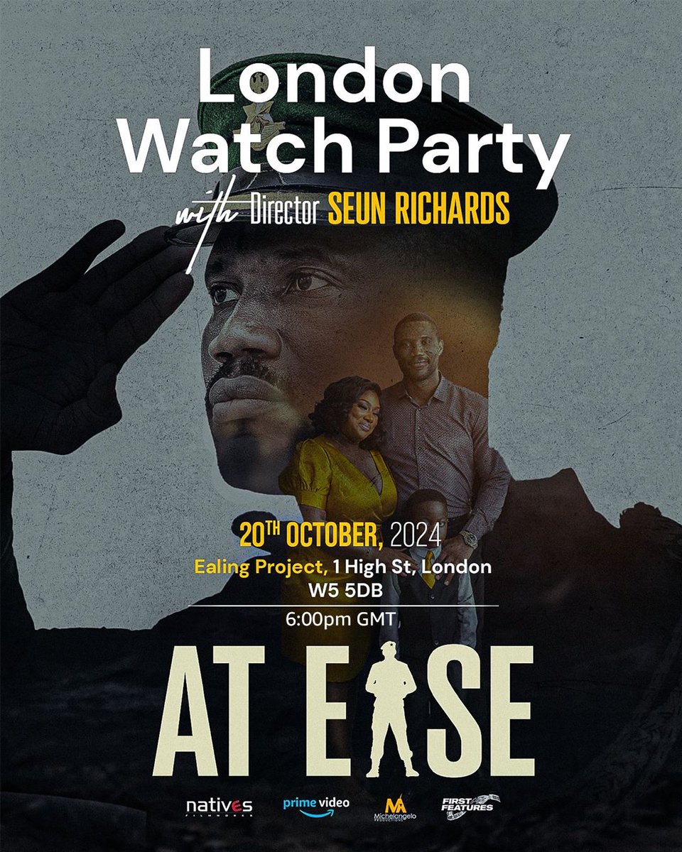 stevegukas's tweet photo. Naija &amp; UK. Two At Ease watch parties; One virtual today with the cast and key crew hosted by @aneeicha The 2nd in person in a cinema hosted by the director @iamseunrichards, with Q&amp;A after. YOU PICK YOUR CHOOSE. Either way, you are in for an amazing time. Do join us. https://t.co/WKMdi3ZiuK