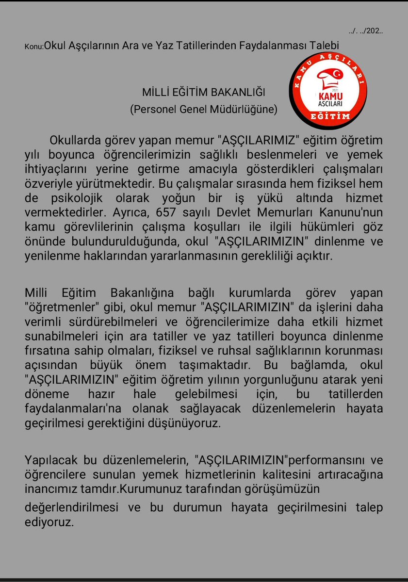 OKUL MEMUR AŞÇILARIMIZIN ARA VE YAZ TATİLLERİN'DEN FAYDALANMASI TALEBİMİZ.

<a href="/Yusuf__Tekin/">Yusuf Tekin</a> <a href="/tcmeb/">Millî Eğitim Bakanlığı</a> <a href="/mebpgm/">Personel Genel Müdürlüğü</a>