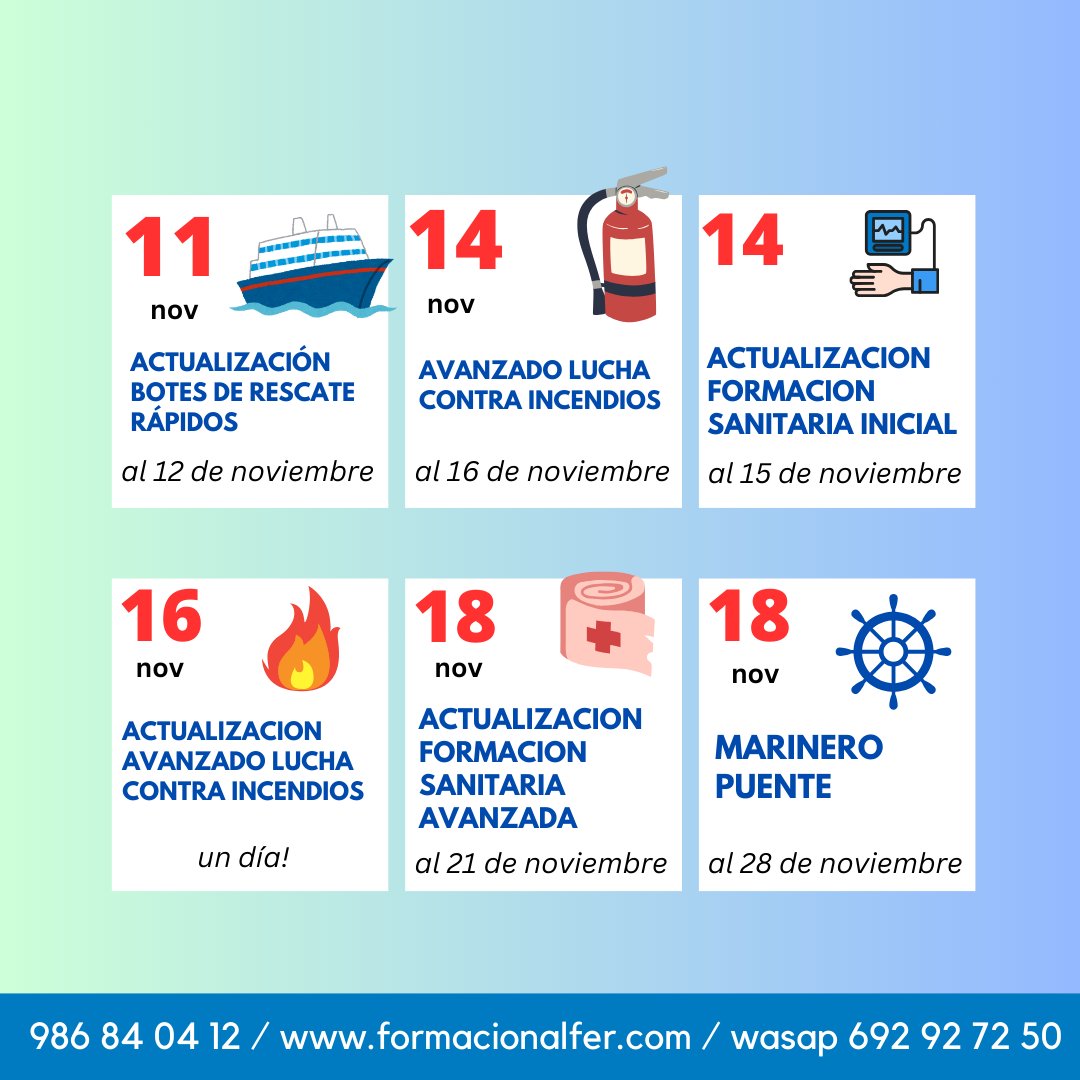 FormacionAlfer's tweet photo. ¡Noviembre llega cargado de oportunidades en nuestra Academia de Formación Marítima Profesional!
Te presentamos nuestra programación de cursos completos y actualizaciones, todos certificados por el Código STCW, el Convenio OMI y la Marina Mercante Española. https://t.co/PNEInsfRvB