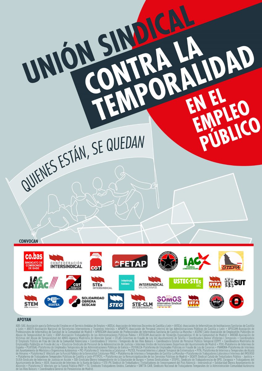 Muchos sindicatos y organizaciones nos damos la mano para luchar juntas contra el abuso de las Administraciones.  ¡Vente!
#QuienesEstamosNosQuedamos #19OYoVoy