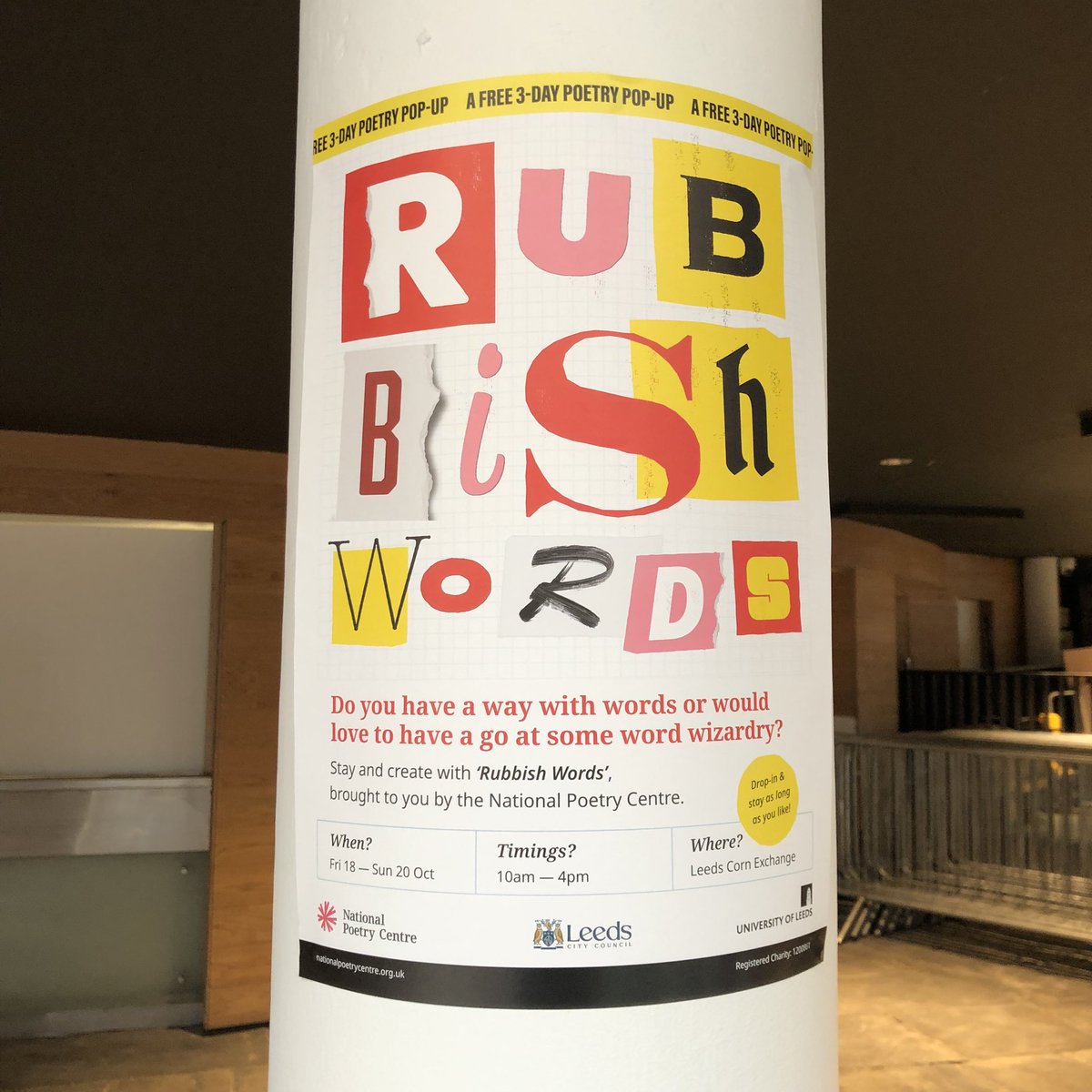 WasThatThunder's tweet image. At the Leeds Corn Exchange as @tombranfoot and @sarahkdawson create cut up poetry