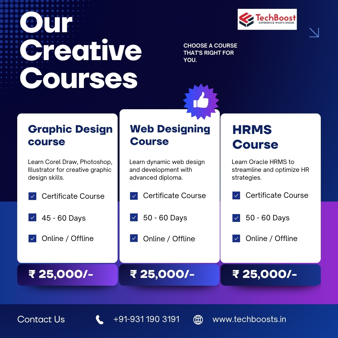 Techboostss's tweet image. Boost your skills with TechBoost! Offering courses in Graphic Design, Web Designing, and HRMS to help you succeed in the digital world! 🎓 💼 🚀
#FutureReady #BoostYourCareer
𝐂𝐨𝐧𝐭𝐚𝐜𝐭 𝐔𝐬: 📞 +91-931 190 3191, info@techboosts.in
🌐 techboosts.in
