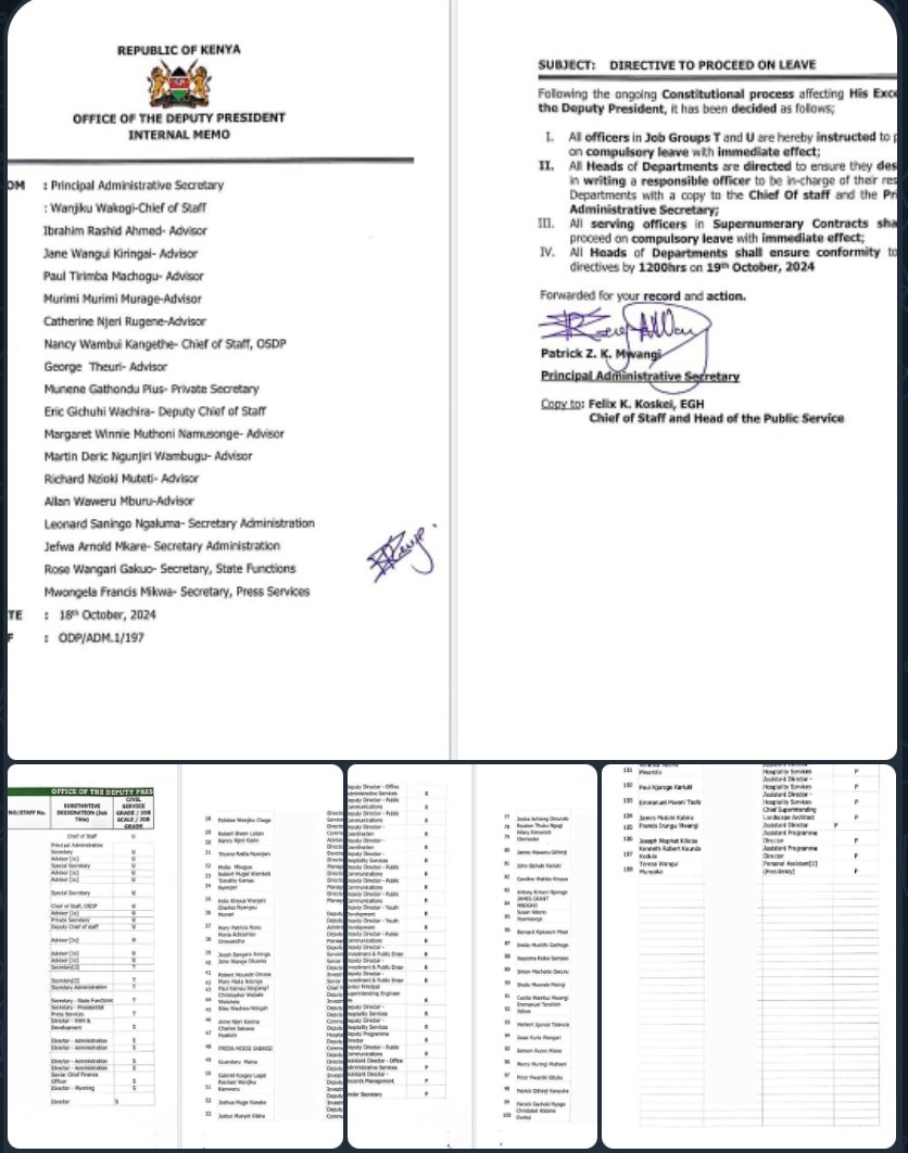 MERESH22's tweet image. Government sends 108 staff at the office of the former Deputy President Rigathi Gachagua on compulsory leave.
Here is the list of staff sent on compulsory leave in the office of the deputy President. Ama kweli... "Akufukuzaye hakwambi Toka'🥲
#Odmmps #swearing #RigathiGachagua