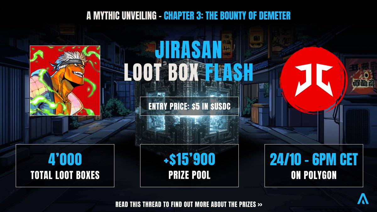 AgoraHub_io's tweet photo. Chapter 3 - The bounty of Demeter
JIRASAN DEAL
π§΅1/8 π First Loot Box Flash Sale β Donβt Miss Your Chance! Agorians, over $16,000 in prizes to be won! Are you ready? #LootBoxFlash #AgoraHub #Jirasan https://t.co/9dzOU9fLsP