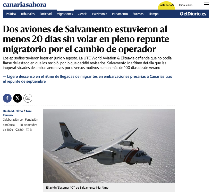 🔴Cuando salvar vidas humanas se convierte en un negocio, pierde la vida y ganan los de siempre.
Este verano, en pleno repunte migratorio, dos aviones de Salvamento Marítimo estuvieron al menos 20 días sin volar.
Breve hilo sobre esta información de <a href="/dalilaolmolopez/">Dalila M. Olmo López</a> y