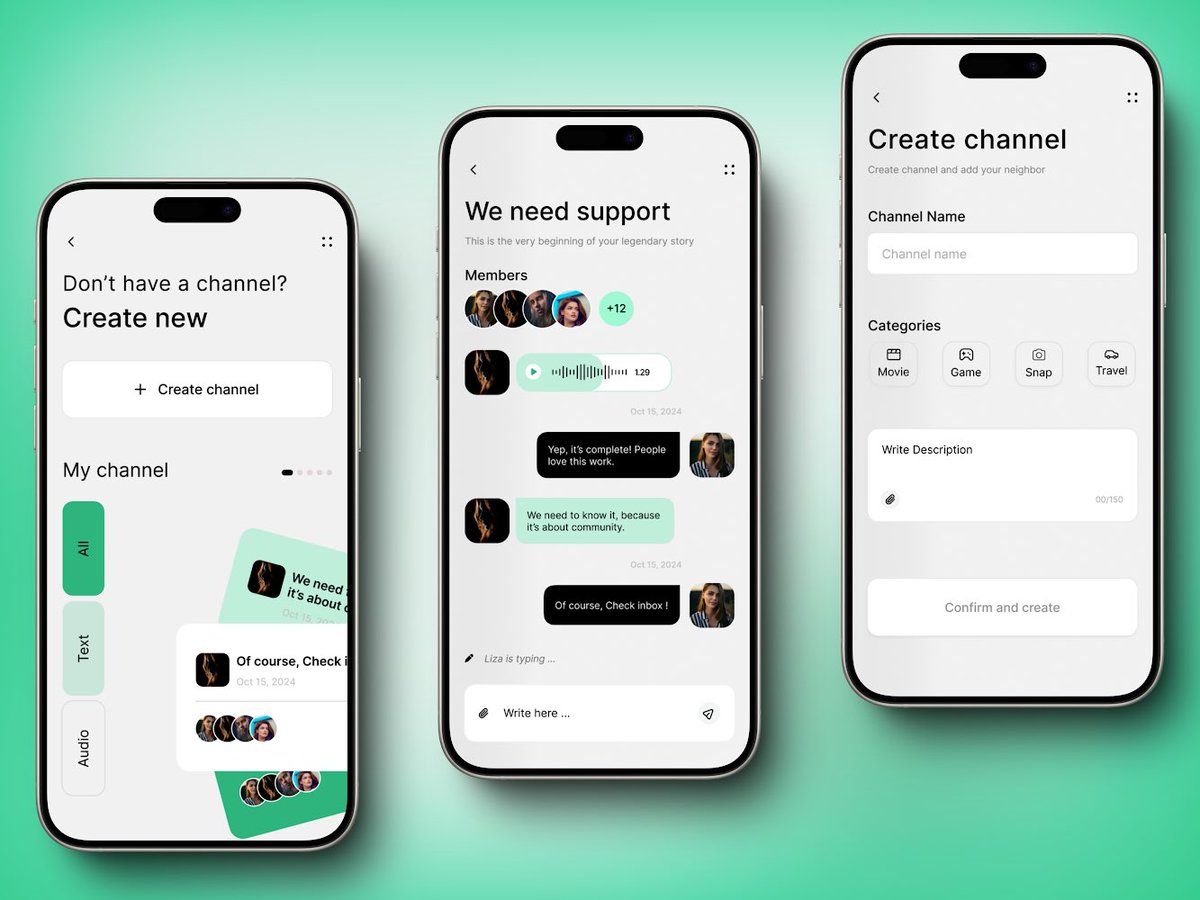 mycyber_space's tweet photo. Here’s a shorter version with hashtags:

Day 6/30 of the #UIChallenge with @ux_thrive 

Designed a Social Chatting App with a minimalist vibe and vibrant colors. Features include channel creation, text/audio messaging, and seamless community building. 

#UIDesign #AppDesign #UX https://t.co/J28Qto0ZuK