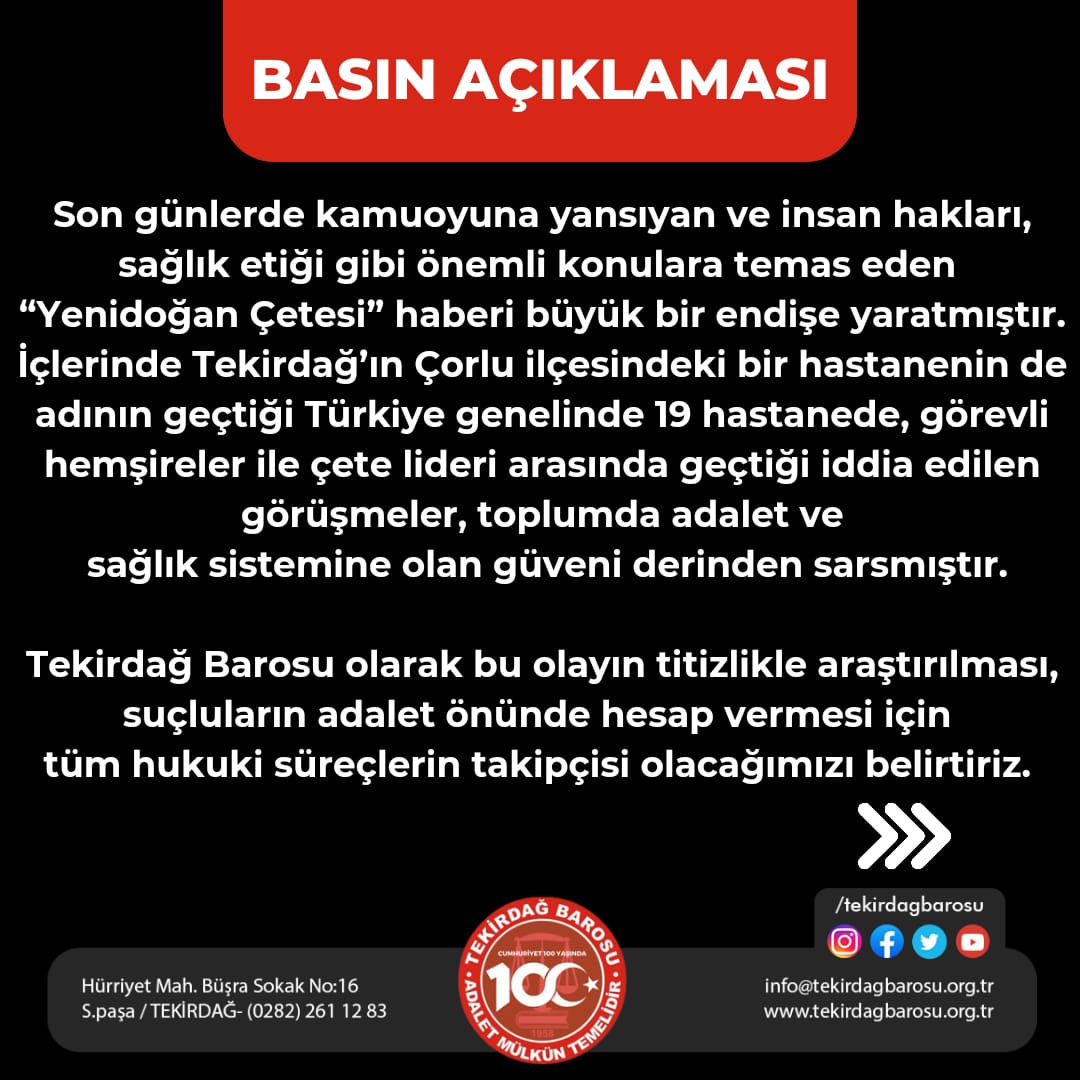 Tekirdag_Barosu's tweet photo. Yenidoğan Çetesi soruşturması hakkında basın açıklaması.

#TekirdağBarosu https://t.co/12E70UWsg0