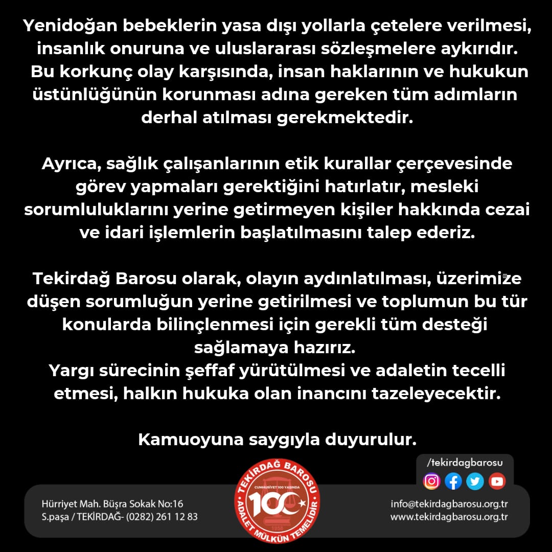 Yenidoğan Çetesi soruşturması hakkında basın açıklaması.

#TekirdağBarosu